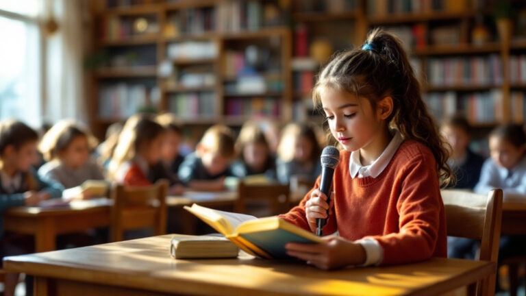 Eine Schülerin liest beim Vorlesewettbewerb in der Bibliothek vor