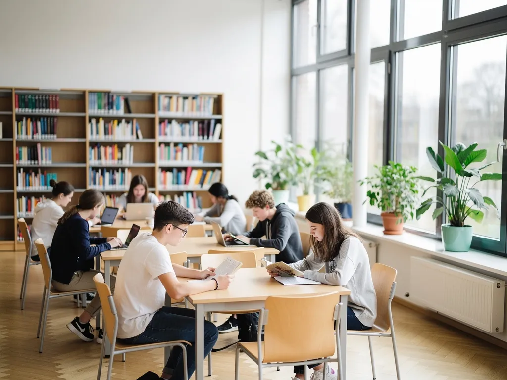 Schülerinnen und Schüler lesen und lernen in der Schulbibliothek (KI-generiert)