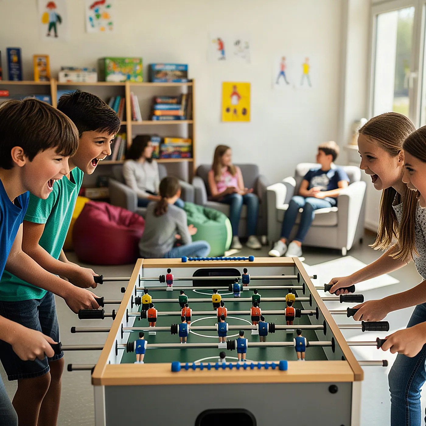 Kinder spielen im Ganztag am Kickertisch (KI-generiert)