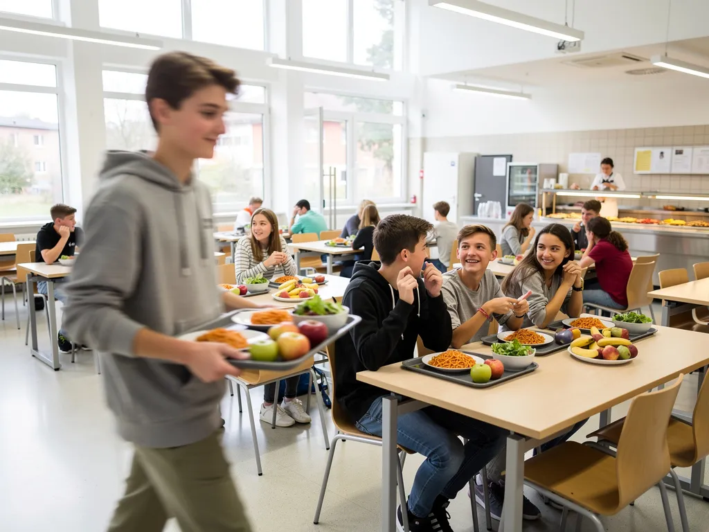 Mittagessen in der hellen Mensa (KI-generiert)