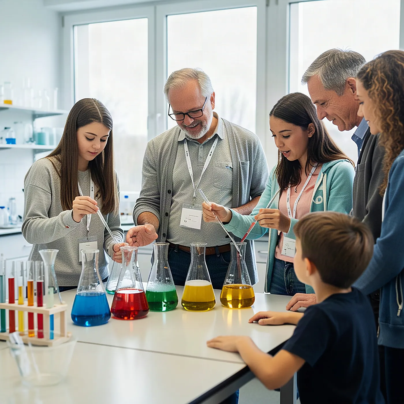 Beim Tag der offenen Tür zeigen Schülerinnen und Schüler einen Versuch im Chemielabor (KI-generiert)