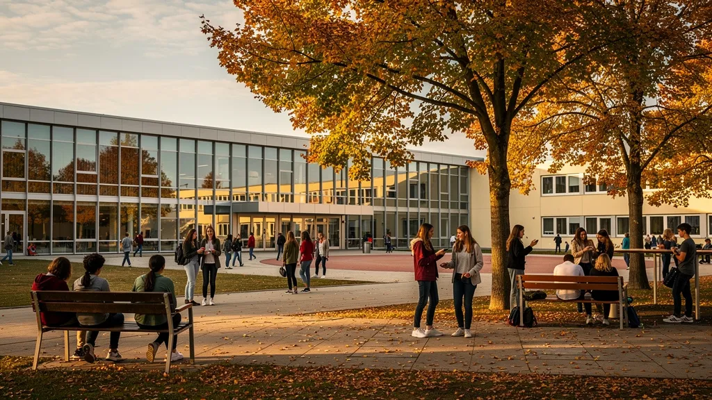 Pause auf dem Schulhof vor dem Schulgebäude (KI-generiert)