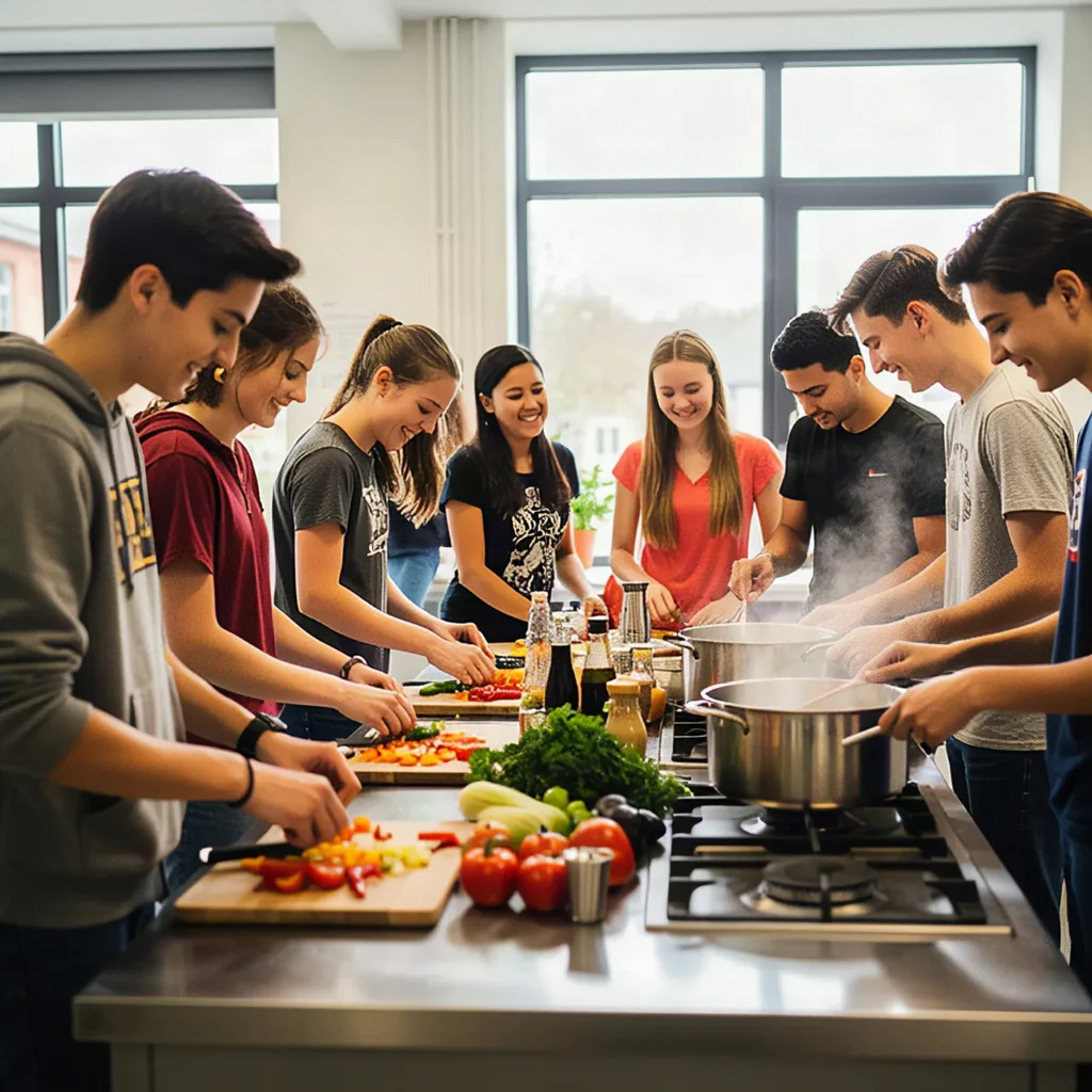 Gemeinsames Kochen in der Schulküche (KI-generiert)