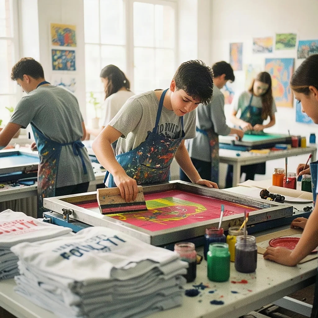 Schülerinnen und Schüler bedrucken T-Shirts im Siebdruck (KI-generiert)
