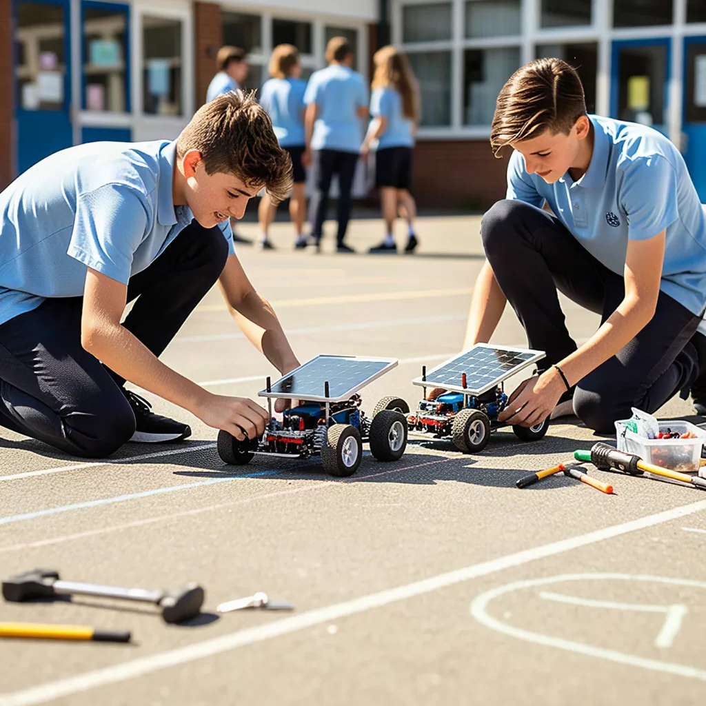 Zwei Schüler testen ihre selbst gebauten Solarautos (KI-generiert)