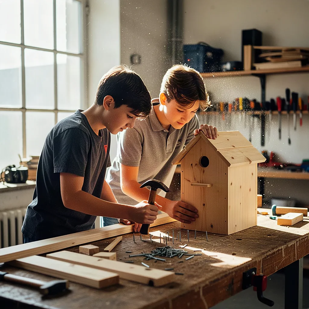 Zwei Schüler bauen in der Werkstatt ein Vogelhaus (KI-generiert)