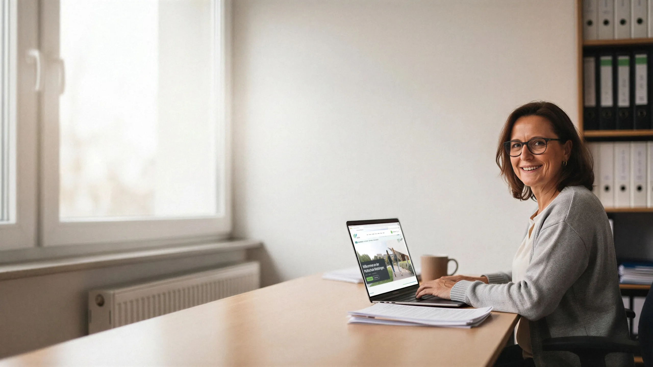 Schulsekretärin am Schreibtisch lächelt in die Kamera, auf ihrem Laptop ist die Startseite der Demo-Schulwebsite geöffnet