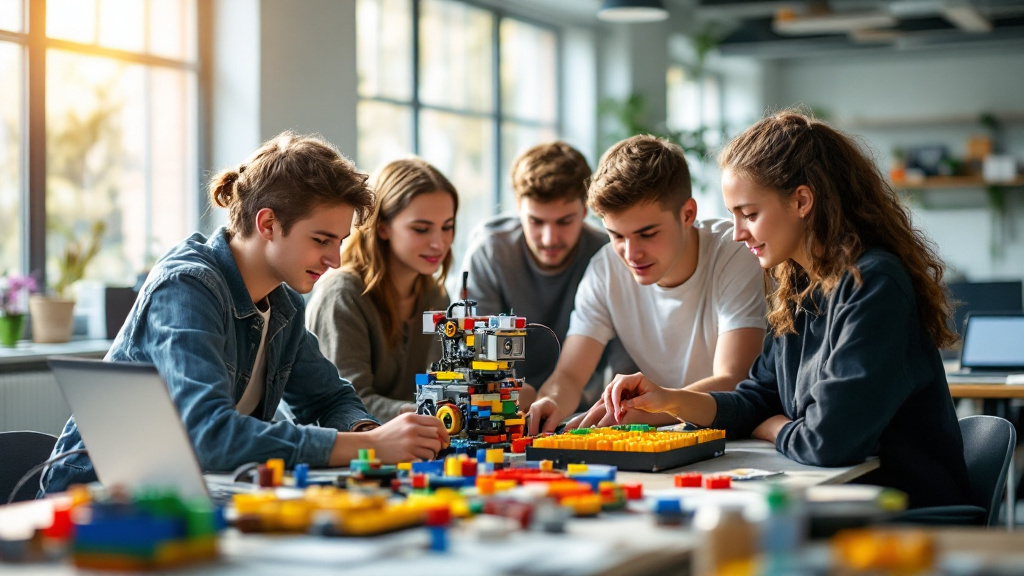 Schülerinnen und Schüler der Robotik-AG arbeiten an ihrem Sortierroboter