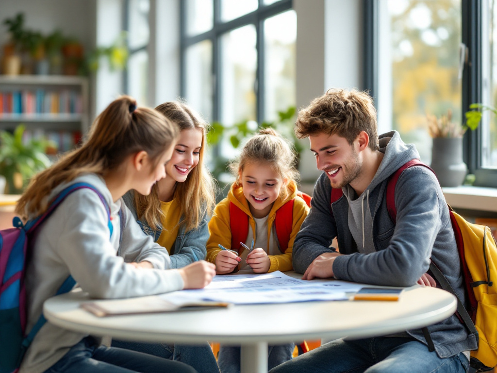 Zwei ältere Schüler sitzen mit zwei Fünftklässlerinnen am Tisch in der Bibliothek und gehen gemeinsam einen Plan durch. (KI-generiert)
